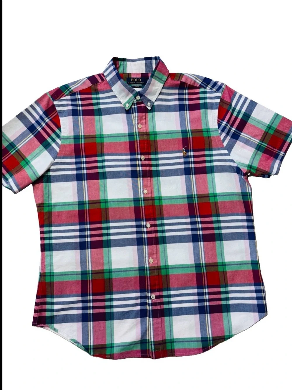 Polo Ralph Lauren Oxford Short Sleeve Plaid Slim Fit Button Down Sz XL